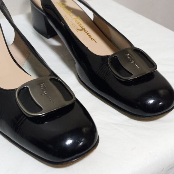 Salvatore Ferragamo Boutique Leather Slingback Block Heel Shoes Black Sz 8.5 3A - Picture 3 of 14